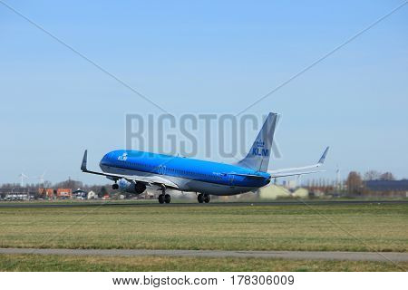 Amsterdam the Netherlands - March 25th 2017: PH-BXT KLM Royal Dutch Airlines Boeing 737-900 takeoff from Polderbaan runway.