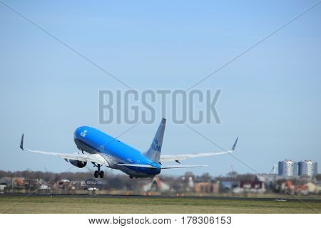 Amsterdam the Netherlands - March 25th 2017: PH-BXT KLM Royal Dutch Airlines Boeing 737-900 takeoff from Polderbaan runway.