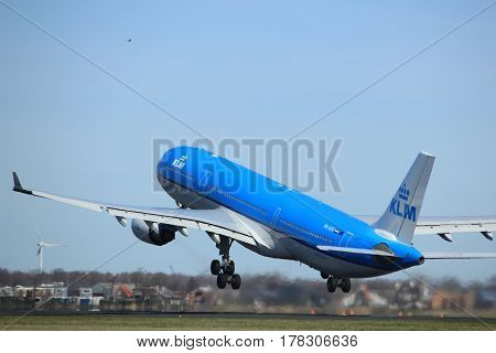 Amsterdam the Netherlands - March 25th 2017: PH-AKA KLM Royal Dutch Airlines Airbus A330-300 takeoff from Polderbaan runway.
