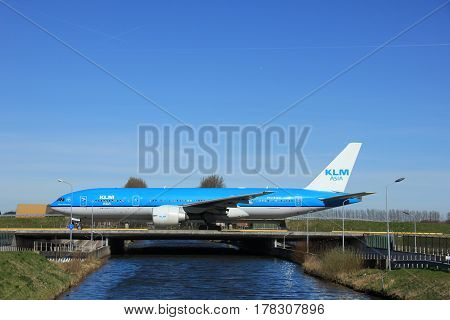 Amsterdam the Netherlands - March 25th 2017: PH-BQN KLM Royal Dutch Airlines Boeing 777-200 taxiing to takeoff from Polderbaan runway.