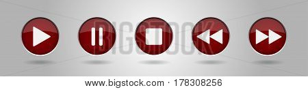 burgundy music control buttons - five icons with shadows in front of a gray background