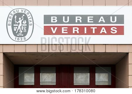 Orleans, France - March 18, 2017: Bureau Veritas logo on a wall. Bureau veritas is an international certification agency
