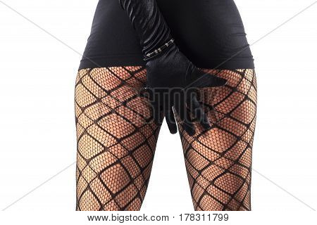 Sexy female legs in beautiful stylish stockings and high heels shoes black gloves and dress isolated on white background horizontal view