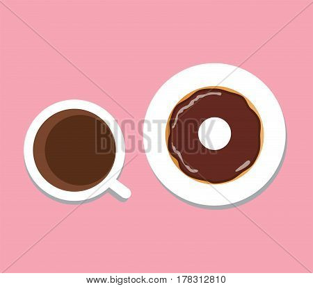 vector illustration of coffee cup with donut coffee break breakfast meal fast food snack on plate isolated on white background. flat design.