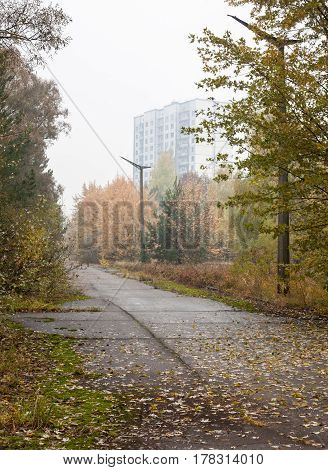 Pripyat. Ghost town in Chernobyl Exclusion Zone. Abandoned park and house.