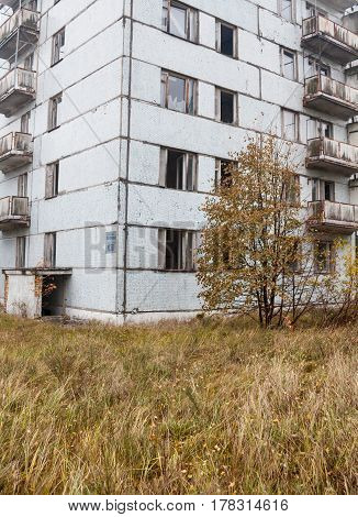 Pripyat. Ghost town in Chernobyl Exclusion Zone. Abandoned house.