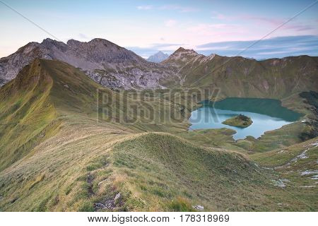 Schrecksee lake in German Alps view from mountaintop