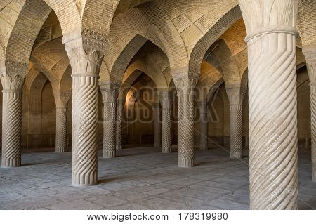 The Vakil Mosque is a mosque in Shiraz contains 48 monolithic pillars carved in spirals Fars Province Shiraz Southern Iran
