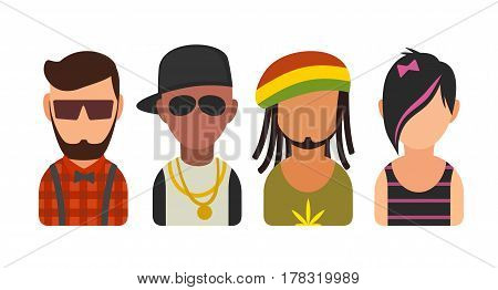 Set icon different subcultures people. Hipster, raper, emo, rastafarian. Vector flat illustration on white background