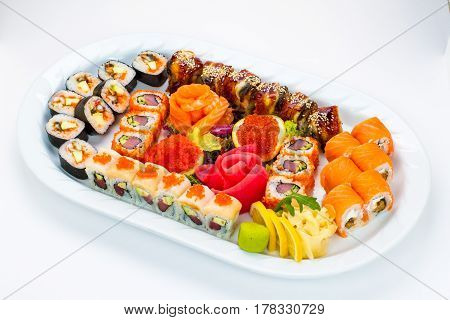 sushi plate with sushi, white background, sushi set