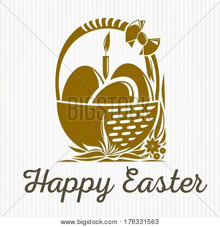 Happy Easter design. Basket with Easter eggs and a burning candle. Vector illustration