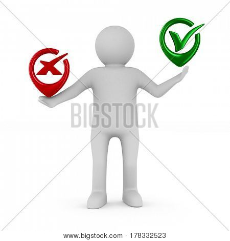 Man with symbols yes and No. Isolated 3D image 