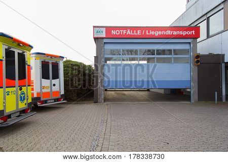PEINE / GERMANY - MARCH 20 2017: two german ambulance vehicles stands on hospital at peine / germany