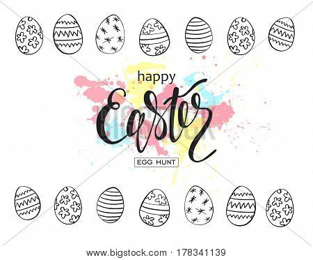Happy Easter egg hunt vector illustration. Holiday banner design with hand drawn eggs and watercolor blots. Hand drawn lettering