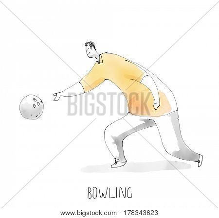 Bowling plater. Sport set. Watercolor sketch drawing illustration.