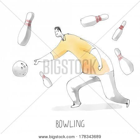 Bowling plater. Sport set. Watercolor sketch drawing illustration.