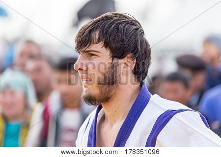 Shymkent, KAZAKHSTAN - 22 March 2017: Celebration of the Kazakh holiday NARIYZ. Competition wrestlers .