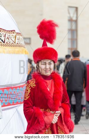 Shymkent, KAZAKHSTAN - 22 March 2017: Celebration of the Kazakh holiday NARIYZ. People in national costumes .