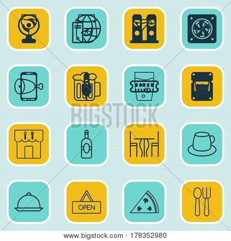 Set Of 16 Food Icons. Includes Restaurant, Hooch, Meal Hour And Other Symbols. Beautiful Design Elements.