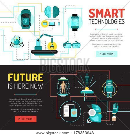 Artificial intelligence horizontal banners set with flat images of technological innovations and robotronics with read more button vector illustration