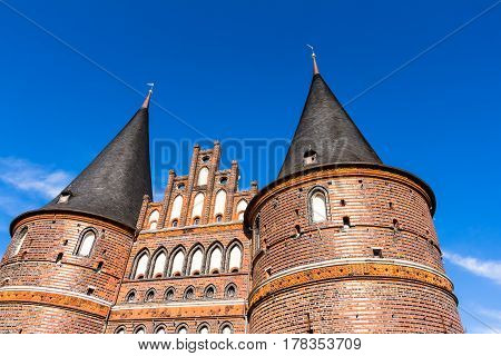 Holsten Gate in the old town of the Hanseatic City of Lubeck