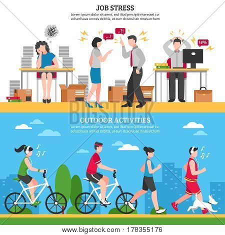 Job stress and ourdoor ways of relaxion horizontal banners set flat isolated vector illustration