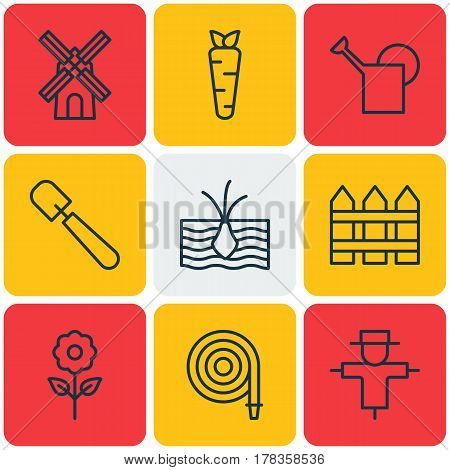 Set Of 9 Gardening Icons. Includes Fire Tube, Mill, Bugbear And Other Symbols. Beautiful Design Elements.