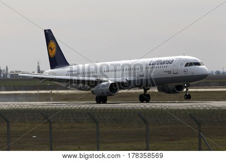 Kiev, Ukraine - March 25, 2017: Lufthansa Airbus A321-200 aircraft landing on the runway to Borispol International Airport on March 25, 2017. Editorial use only