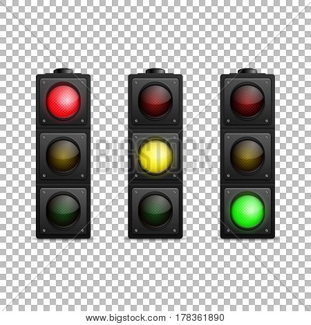 Vector realistic traffic light set. Isolated. Led backlight. Red, yellow and green color. Design template, EPS10 illustration.