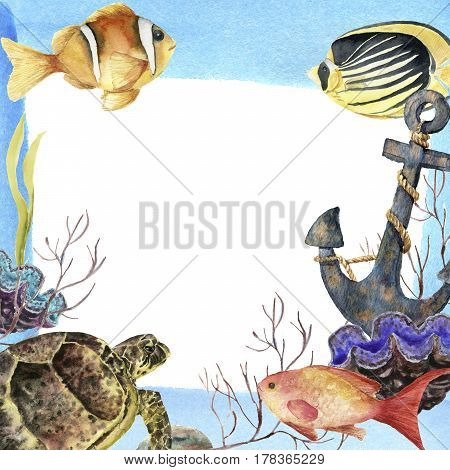 Watercolor tropic sea frame. Hand painted tropic fish, old anchor, sea anemones, seaweeds, coral isolated on white background. Underwater illustration for design, fabric or print