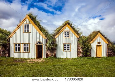 Farm Museum in Glaumbaer. The village of old houses covered with turf and grass. The concept of the cultural and historical tourism