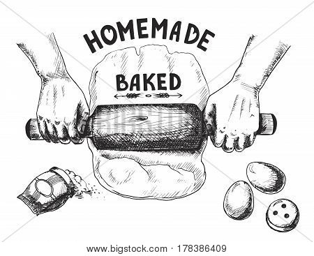 Vector illustration of a sketch on the theme of homemade cakes. Hands rolling the dough. Done by hand in black and white. Isolated on white background