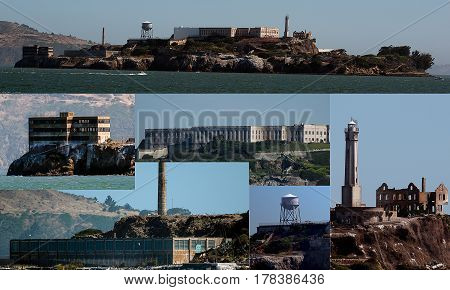 Alcatraz Island on a clear day and collage