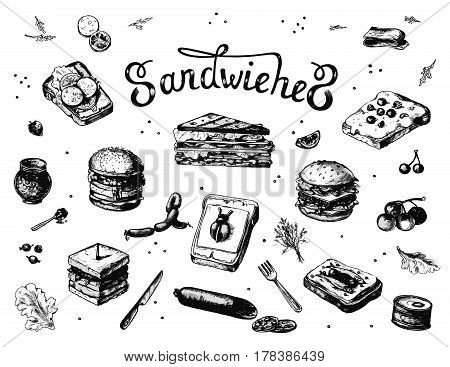 Vector illustration of a sketch on a theme of light snack, fast food, sandwiches. Done by hand in black and white. Isolated on white background
