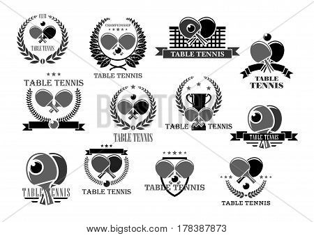 Table tennis badges for sport club or championship. Symbols of ping pong ball and racket on net, victory laurel wreath ribbon and winner cup goblet with crown of stars. Vector icons set
