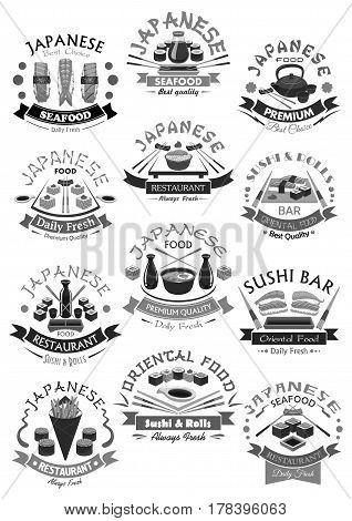 Japanese sushi bar menu icons of seafood rolls, salmon sashimi and steamed rice, shrimp or prawn tempura, soy sauce with chopsticks and green tea pot. Vector symbols for sushi restaurant or sushi bar