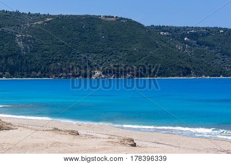 Panoramic view of Girapetra Beach with blue waters, Lefkada, Ionian Islands, Greece