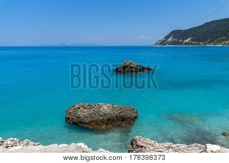 Panoramic view of Agios Nikitas Beach with blue waters, Lefkada, Ionian Islands, Greece