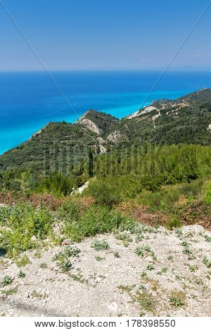 Panoramic landscape with blue waters, Lefkada, Ionian Islands, Greece