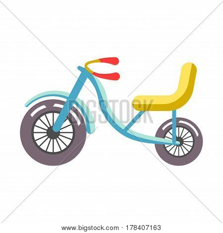 Blue children bicycle with yellow seat isolated on white. Big and small dark wheels, bike rudder with red handles. Vector illustration of transportation vehicle for children in cartoon style