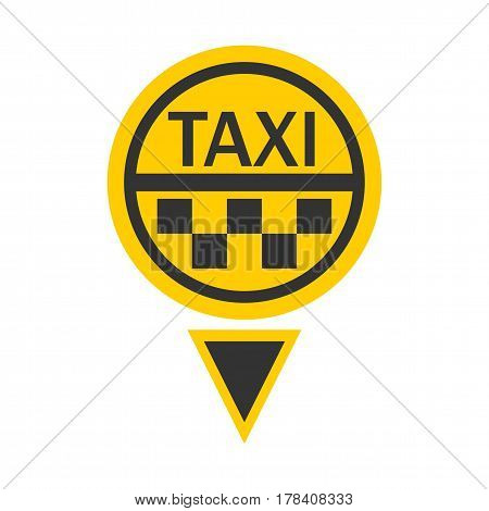 Taxi logotype in round shape and small triangular below isolated on white. Vector illustration in flat design of delivery passengers service in yellow and black colors. Taxiing colorful template badge