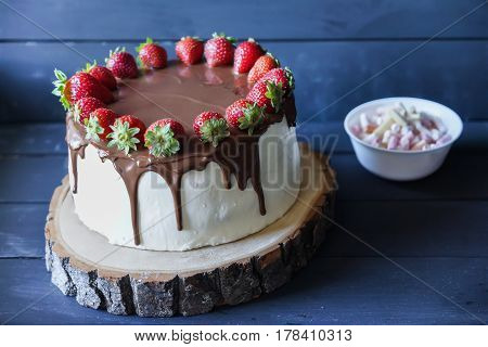 Delicious cake with fresh strawberry and dark chocolate sauce and plate with marshmallows