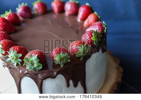 Delicious cake with fresh strawberry and dark chocolate sauce, close-up