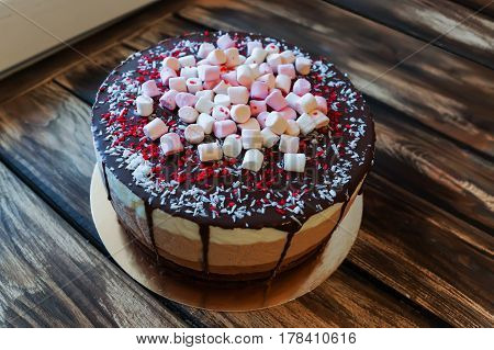 Delicious cake with dark chocolate sauce and with marshmallows