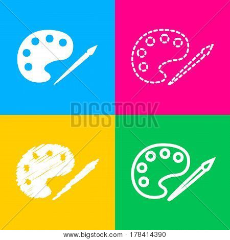 Palette and paint brush sign. Four styles of icon on four color squares.