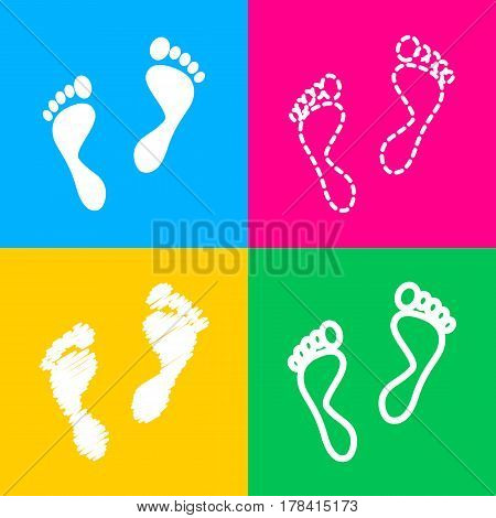 Foot prints sign. Four styles of icon on four color squares.