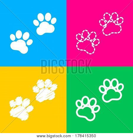 Animal Tracks sign. Four styles of icon on four color squares.