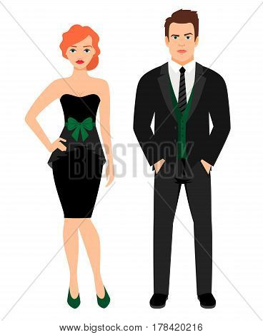 Young couple in black fashion outfit. Woman in little black dress and man in vest and jacket, vector illustration