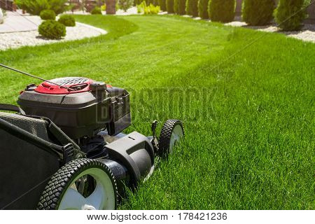 Lawn mower in the garden on green grass