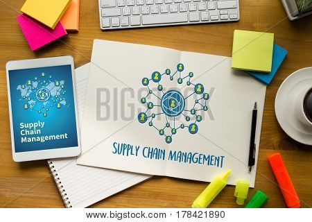 Scm Supply Chain Management Concept Modern People Doing Business, Graphs And Charts Being Demonstrat
